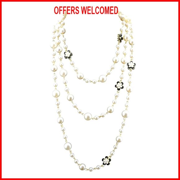 Jewelry - Long Layered Imitation Pearl Necklace with Clover Flower Charm, Adjustable